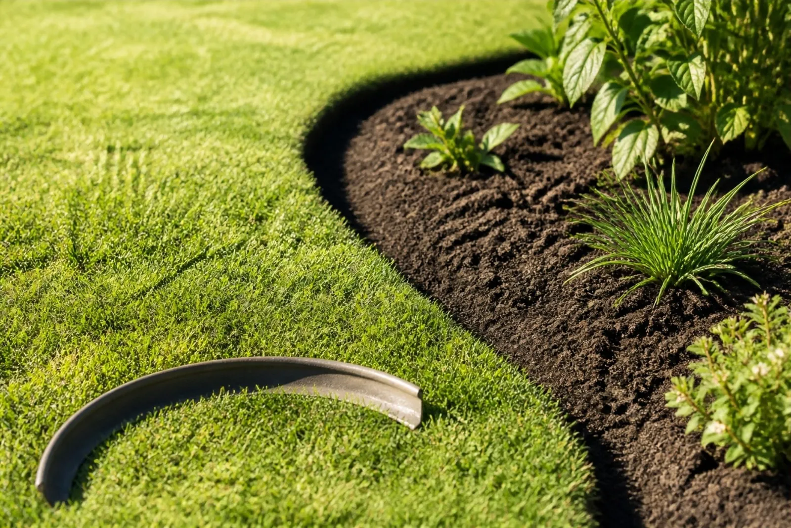 Clean cut edge of a new lawn beside a dark planted border, with a half-moon edging iron